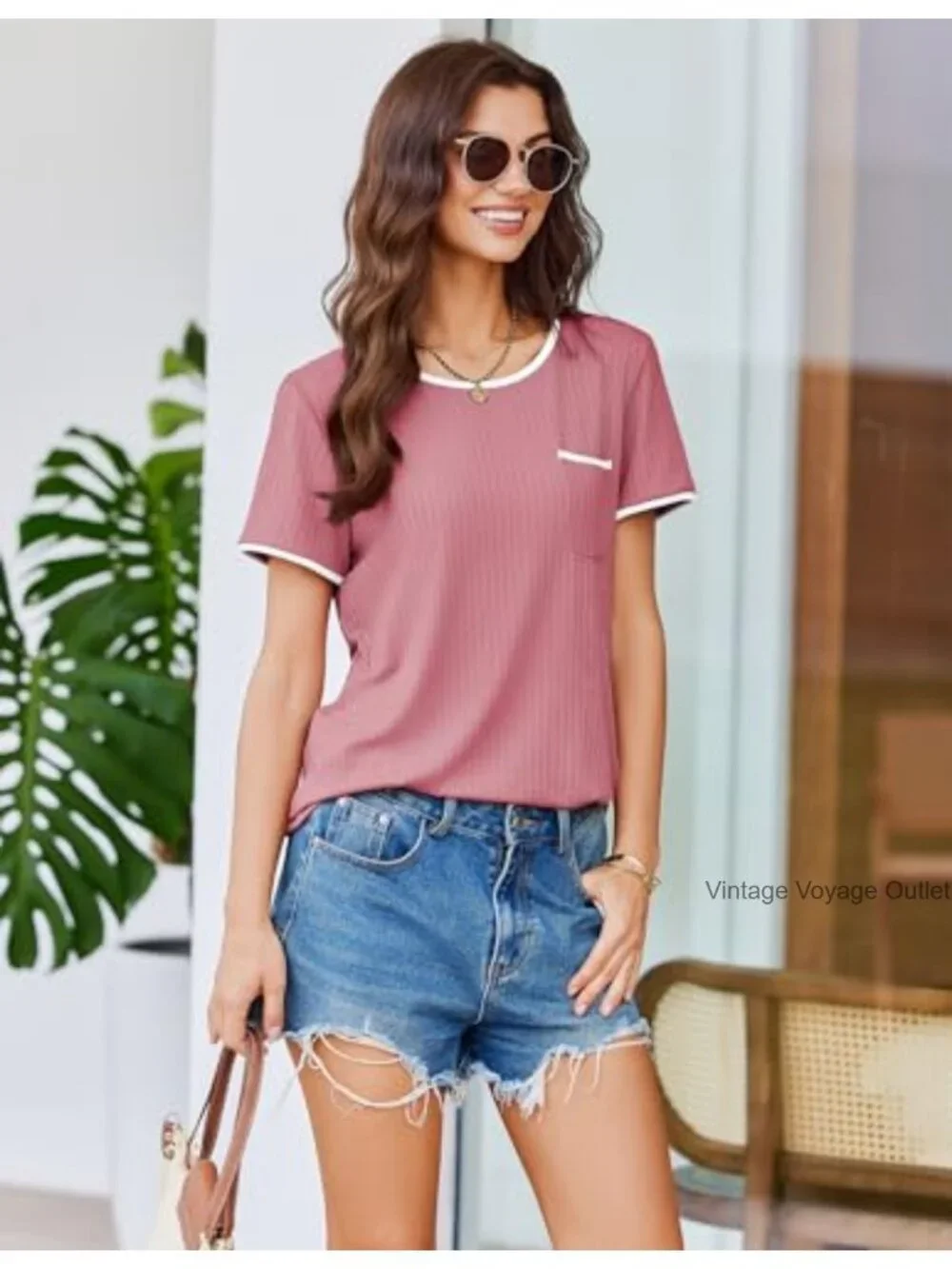 Ribbed Knit Pajama Set Short Sleeve Top & Drawstring Shorts Lounge